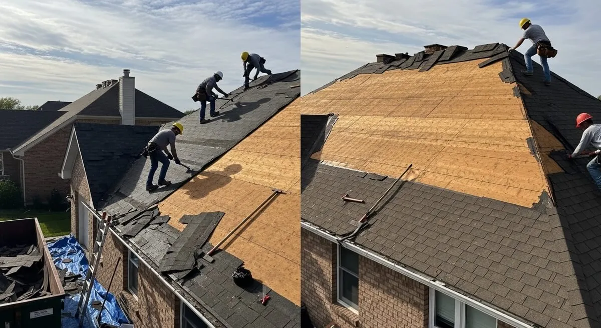 Roof membrane tear-off exposing decking during a flat roof replacement