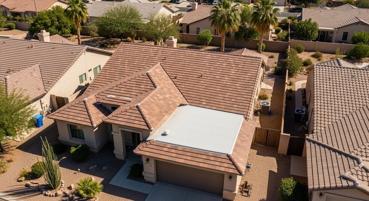 Full roof replacement and tear-off in progress in Tempe, AZ