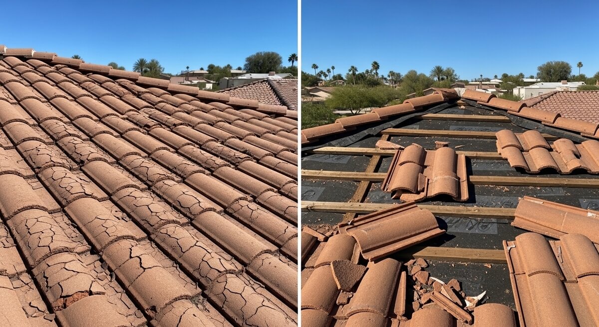 Inspection team evaluating storm damage during a roof walk in Tempe, AZ