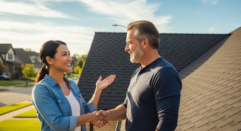 Roofer and homeowner reviewing the completed roof repair in Tempe, AZ