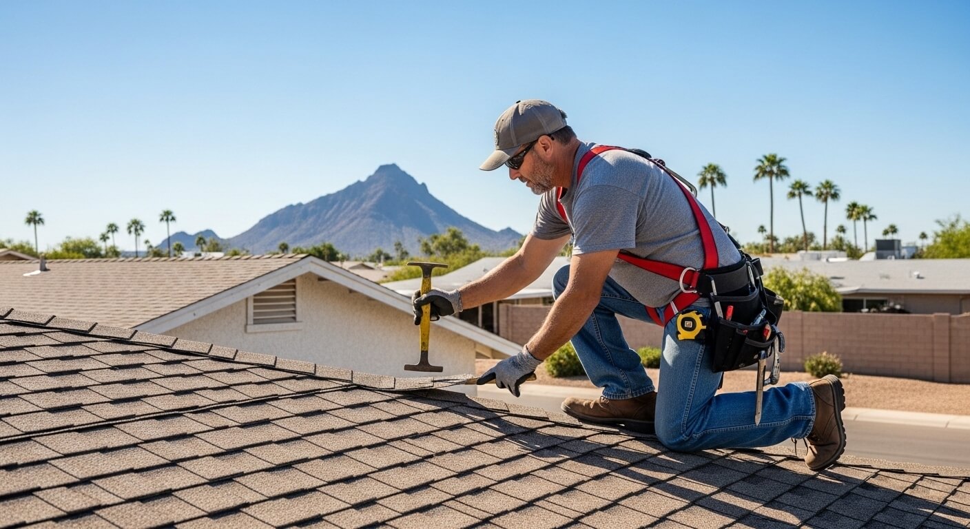 Roofer working safely at height on a residential roof in Tempe, AZ