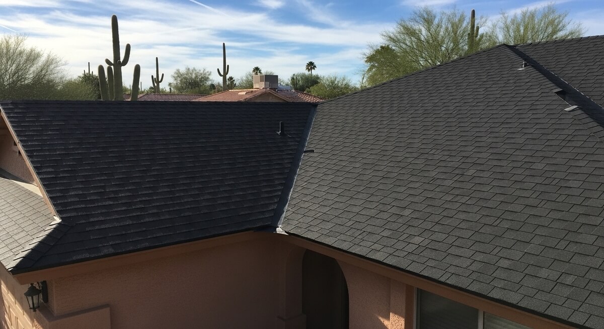 Wind-damaged shingles being replaced on a Tempe home
