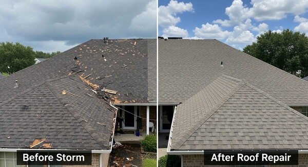 Storm-damaged shingles on a roof in Tempe, AZ after monsoon wind knocked branches loose