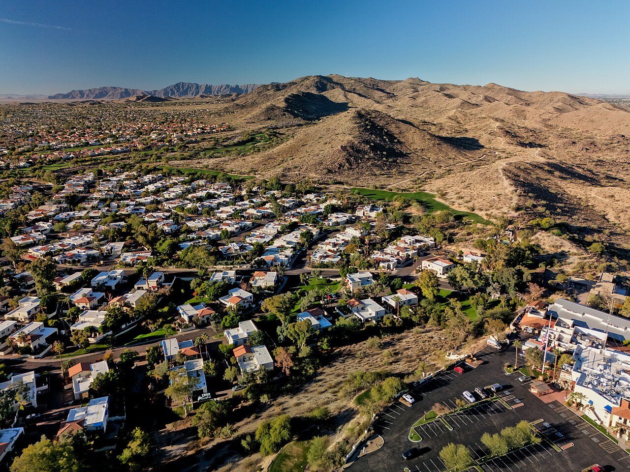 Aerial view of Ahwatukee neighborhoods and South Mountain, AZ