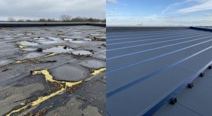 Before and after flat roof repair in Tempe AZ showing damaged roof transformed to fully restored condition