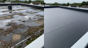 Before and after flat roof repair in Tempe AZ showing damaged roof transformed to fully restored condition