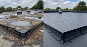 Before and after flat roof repair in Tempe AZ showing damaged roof transformed to fully restored condition