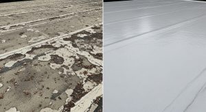 Before and after foam roof repair showing damaged roof restored with smooth waterproof coating in Tempe