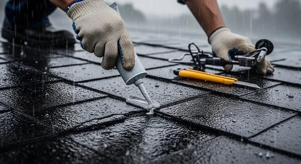 Professional roofer repairing roof leak damage on residential home in Tempe Arizona