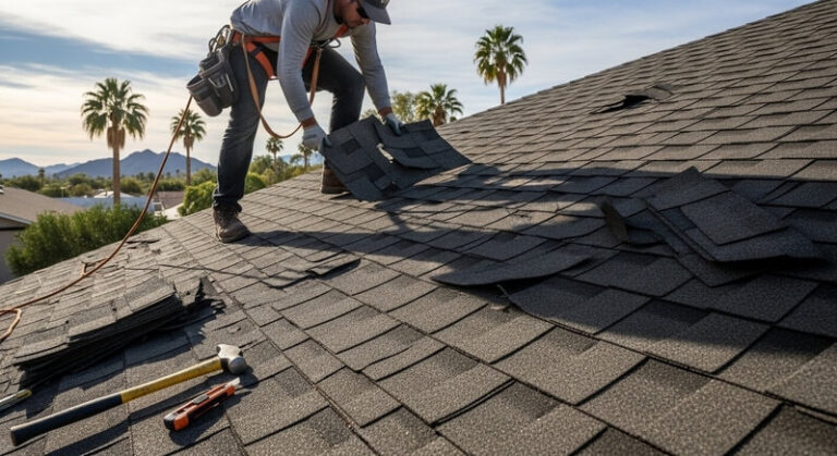 New shingle roof installation showing shingle detail on a home in Scottsdale, AZ