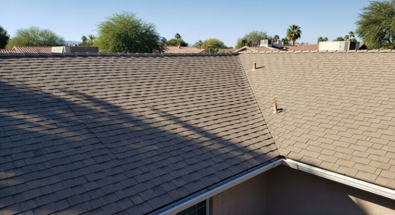 Repaired rain gutter along a roofline on a home in Tempe, AZ, after overflow and debris cleanout