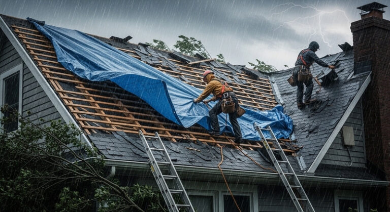 Storm-damaged roof section from a fallen tree branch under repair on a home in the Tempe, AZ area