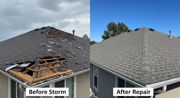 Wind-lifted asphalt shingles exposing a wood roof deck showing early rot risk on a Tempe, AZ home