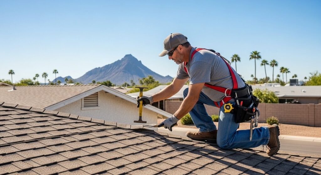 Roofer inspecting a residential roof for thermal shock cracking after a monsoon storm in Tempe, AZ
