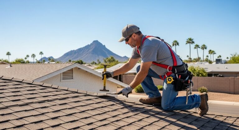 Roofer inspecting a residential roof for thermal shock cracking after a monsoon storm in Tempe, AZ