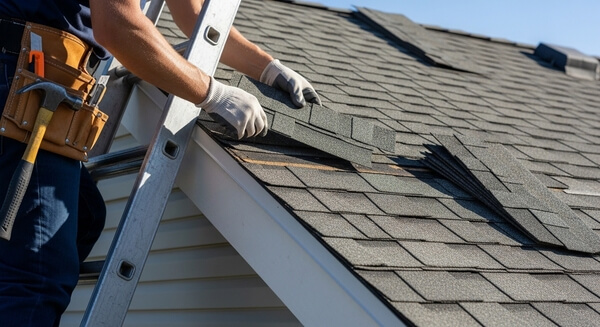 Asphalt shingle roof on a Tempe, AZ home showing sun-faded shingles from years of Arizona UV exposure