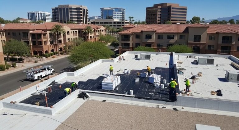 Commercial flat roof surface on a warehouse-style building in the East Valley, similar to properties along Chandlers Price Road corridor