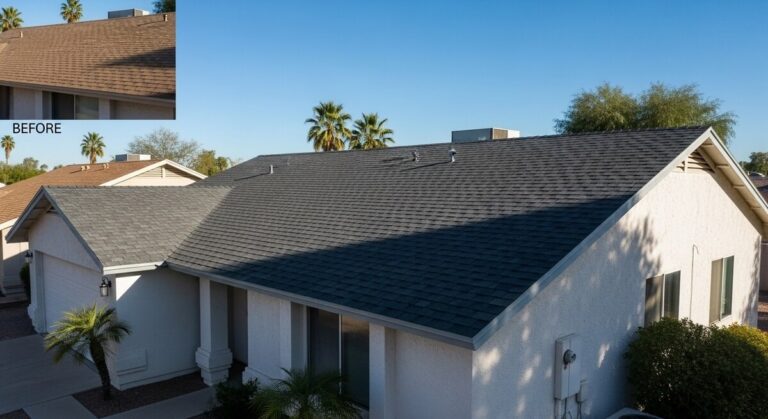 Roofing inspector checking a Tempe, AZ roof for damage left behind by an old satellite dish mount