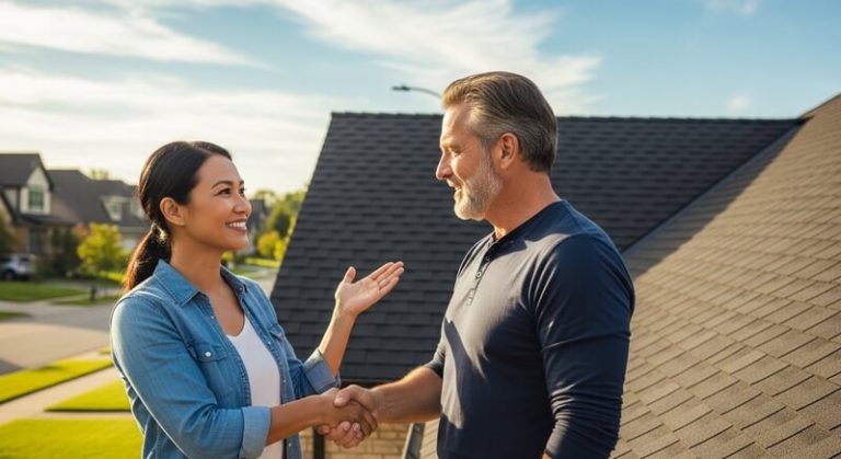 Roofer and homeowner in Gilbert, AZ reviewing a completed roof repair and permit paperwork